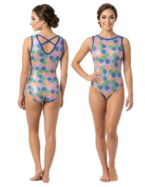 GK Elite VTG Pastel Diamond Checkered Glitter Tank Leotard Crossback Logo Sz AL